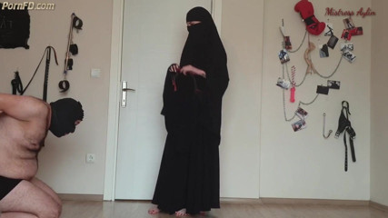 Muslim mistress canes fat slave