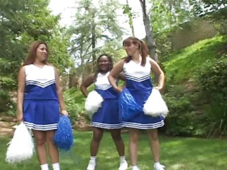 "Plump brunette cheerleader rides thick cock outside"