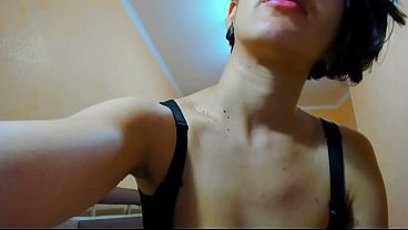 Sweet brunette Myla Angel changes her bra, plays boobs and pussy