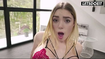 Blonde in Red Lace Spread Open Missionary, His Fat Cock Stretches Her Cunt