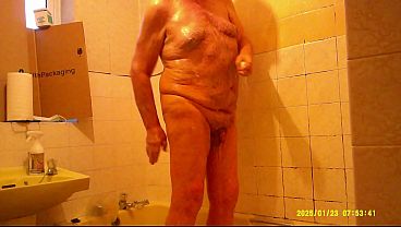 fat grandpa with micro dick takes a quick shower