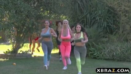 Huge boobs pornstars chasing that big D after a jog