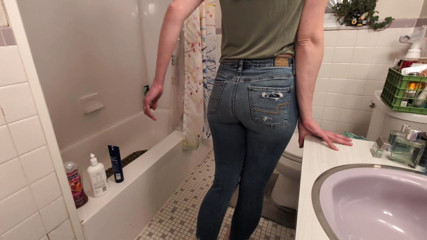 pee desperation and golden shower in jeans