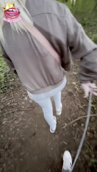 Humiliating Chastity Walk on a Leash Attached to His Locked Cock