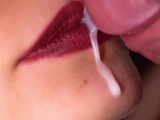 Close up fetish. Red lipstick in cum