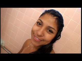 Exotic beauty washing her hairy pussy in the bathroom while her man wants to fuck her