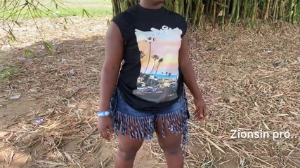 Ebony sexy black girl dances in outdoor with much laughter