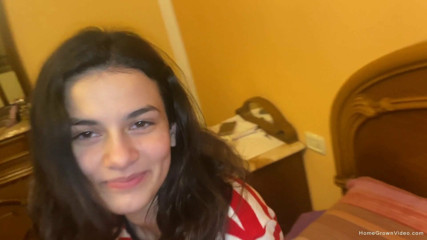 Amateur brunette cutie struggles to take his big dick