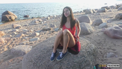 POV Beautiful teen sucks cock on public beach.