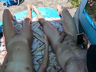 No sound. Jerking off on the public nude beach. People see us. Some came closer for better view