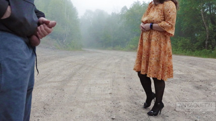 "Handjob outdoors in stockings"