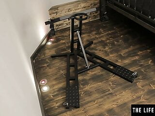 bdsm beauty caged and restrained as she masturbates hard