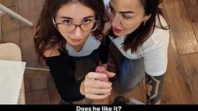 Blowjob lesson for my nerdy gf by her slutty MILF stepmom during dinner