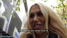 Blonde goddess gets a face full of cum in public POV