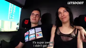 Hot brunette gives sloppy blowjob in the van and gags while taking it deeper