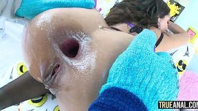 Big cock makes a gape in a girl's ass after it's prepped by licking