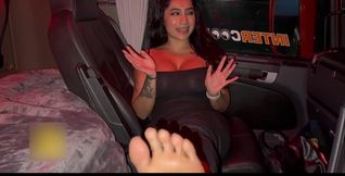 Hot brunette hitchhiker girl with sexy curves comes into my struck and offers a quick fuck in exchange for a drive