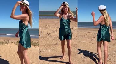 Satin dress beach trip makes her choke on thick cum