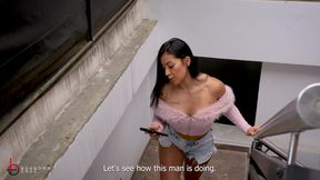 A construction worker inserts his large penis into his busty boss on a terrace - Brandon Cruz & Mariana Martix
