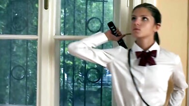 Skinny brunette Gina Gerson in white shirt and plaid skirt takes double anal penetration