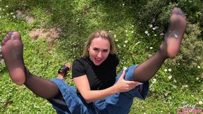 Greek Mountain Wild Footjob with Sweaty Nylon Feet - Outdoor Cum on Soles