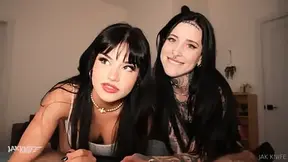 Goth chicks share lucky guy in a dark throuple