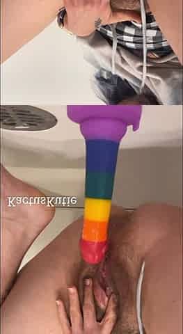 Hairy Girl Rides Dildo and Pees on It