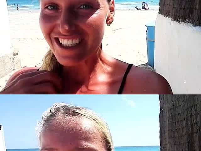 Outdoor solo masturbation scene with curly blonde