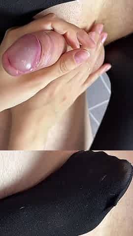 Handjob From Long Legged Girl in Black Stockings