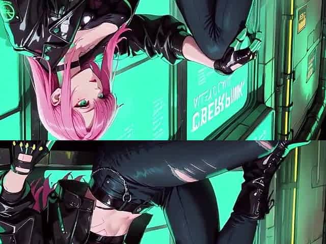 AI-generated- Pink-Haired Leather Tech! Intimate vibes in a neon-lit cyber corridor.