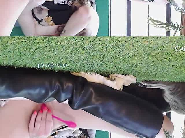 Teacher is hiding on the balcony next to the window and squirting on her leather boots
