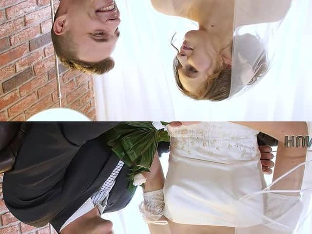 Whorish bride gives a blowjob and gets fucked in front of cuckold groom