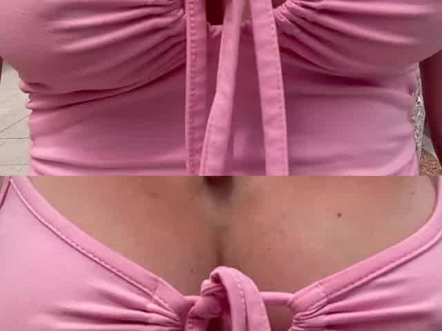 European Stepmom Artemisia Love showing her wet titties below a pink costume in public