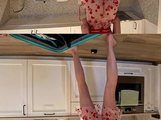 Super hawt cutie in no pants in a fully watch throughout transparent suit in the kitchen to flash twat