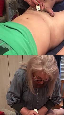 Hairdresser aged lady shaving yonger reality