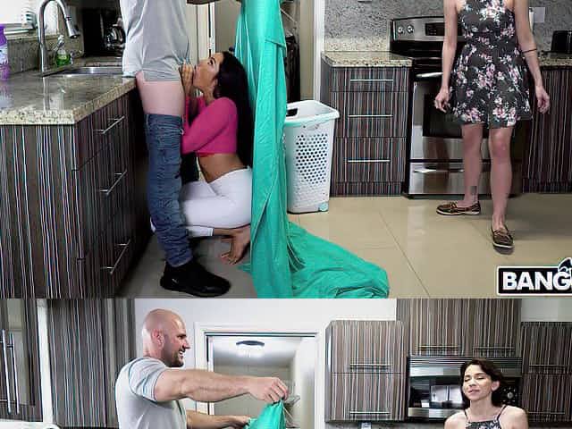 Hot maid Riley Jean gets fucked behind his wife's back + creampie