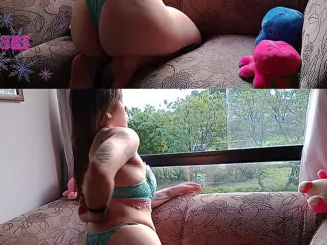 wicked little doxy shows off to truck drivers and motorcycle couriers at the window