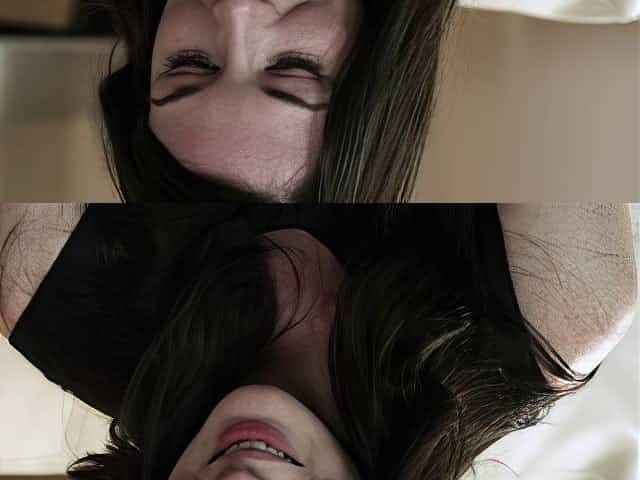 Affectionate brunette with long hair giving massive dick handjob in close up shoot