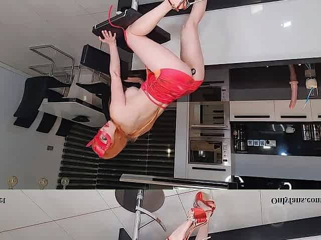 Super lengthy legs, High heels. Laony has joy with a sextoy on a high chair