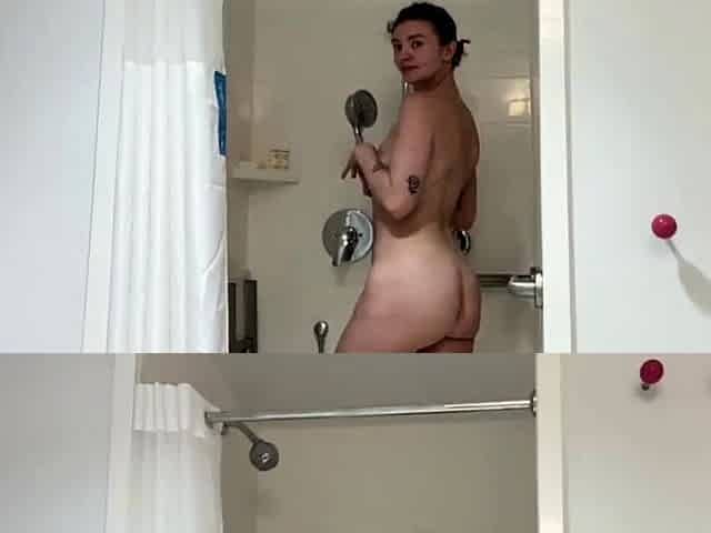 Big Ass Brunette Babe Uses Shower Head for Solo Masturbation