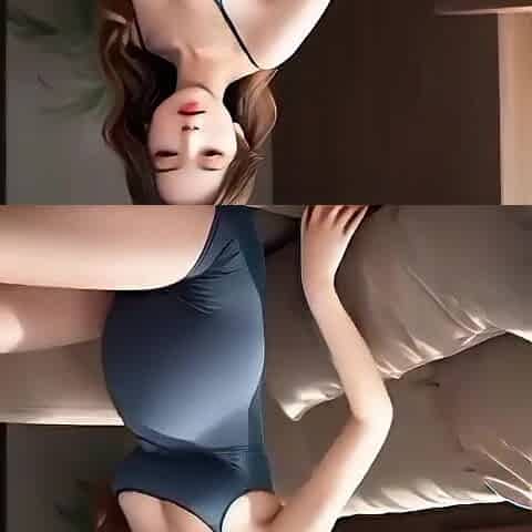 AI-generated youthful angel, nine months preggo, masturbates and gets screwed on the sofa.
