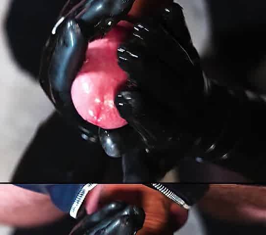 Golden-haired Angel in Oiled Spandex grabs Penis in Latex Gloves untill Cum in her Hands
