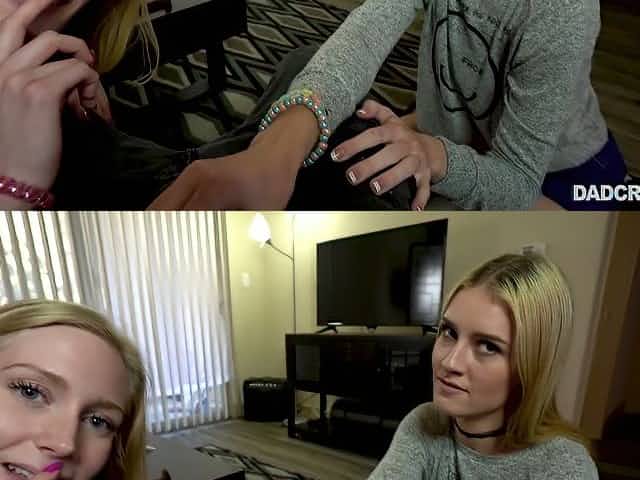 Mazzy Grace invites nasty girlfriend to blow huge dick of her perverted stepdad