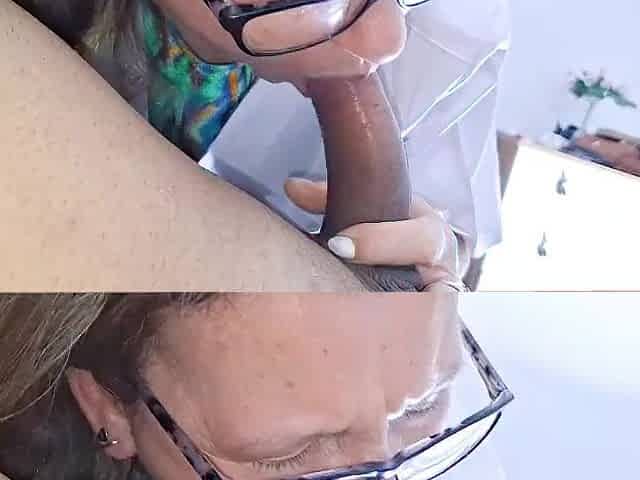 The secretary blows on the boss's perforated schlong.