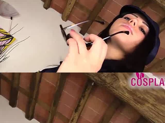 Hawt cop strocking her truncheon with her hosed feet
