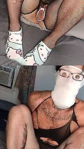 Masked sissy in socks and fishnets shows feet obese booty muscles