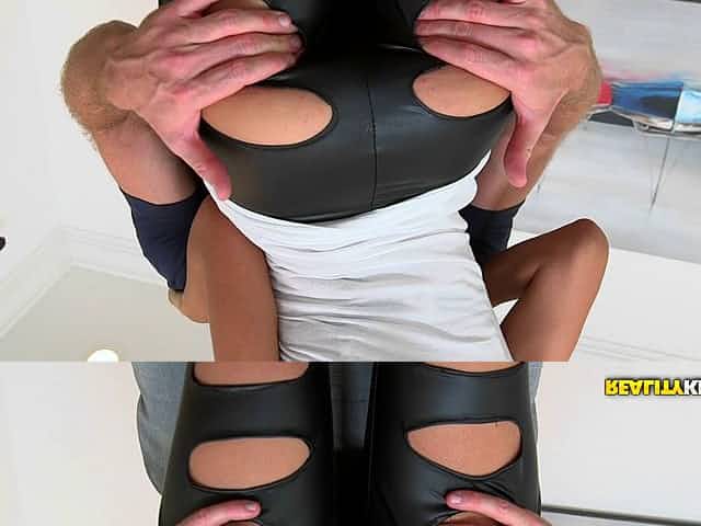 Slutty wet look leggings on the milf temptress he picks up