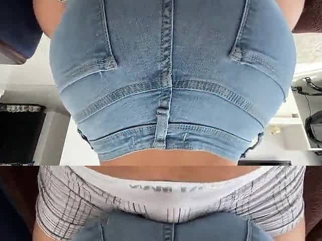 Large booty in taut jeans humping knob and lap dance
