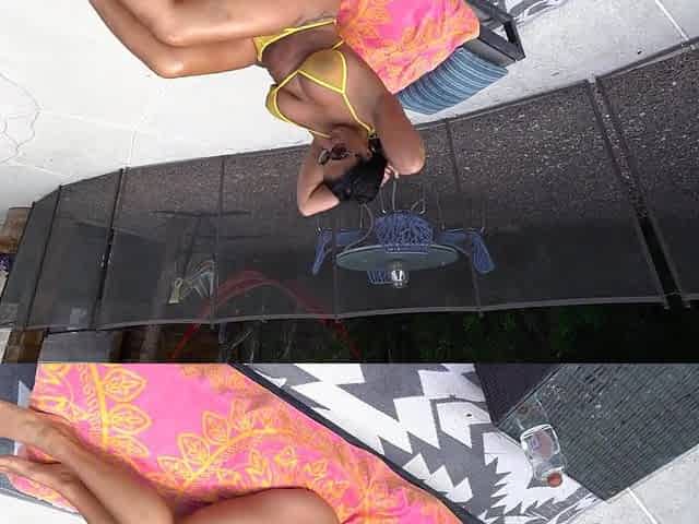 Slutty latina milf with big naturals gets pounded by her boyfriend near a swimming pool