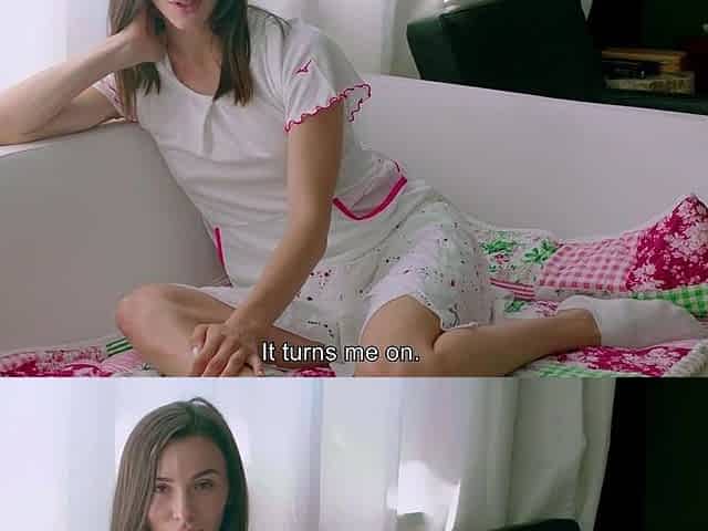 Skinny teen brunette masturbating with toy